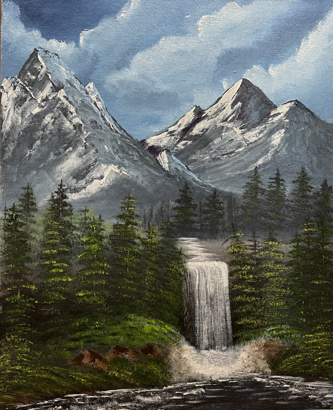 Sold mountain waterfall painting by Natasha Karapetian titled Alpine Cascade