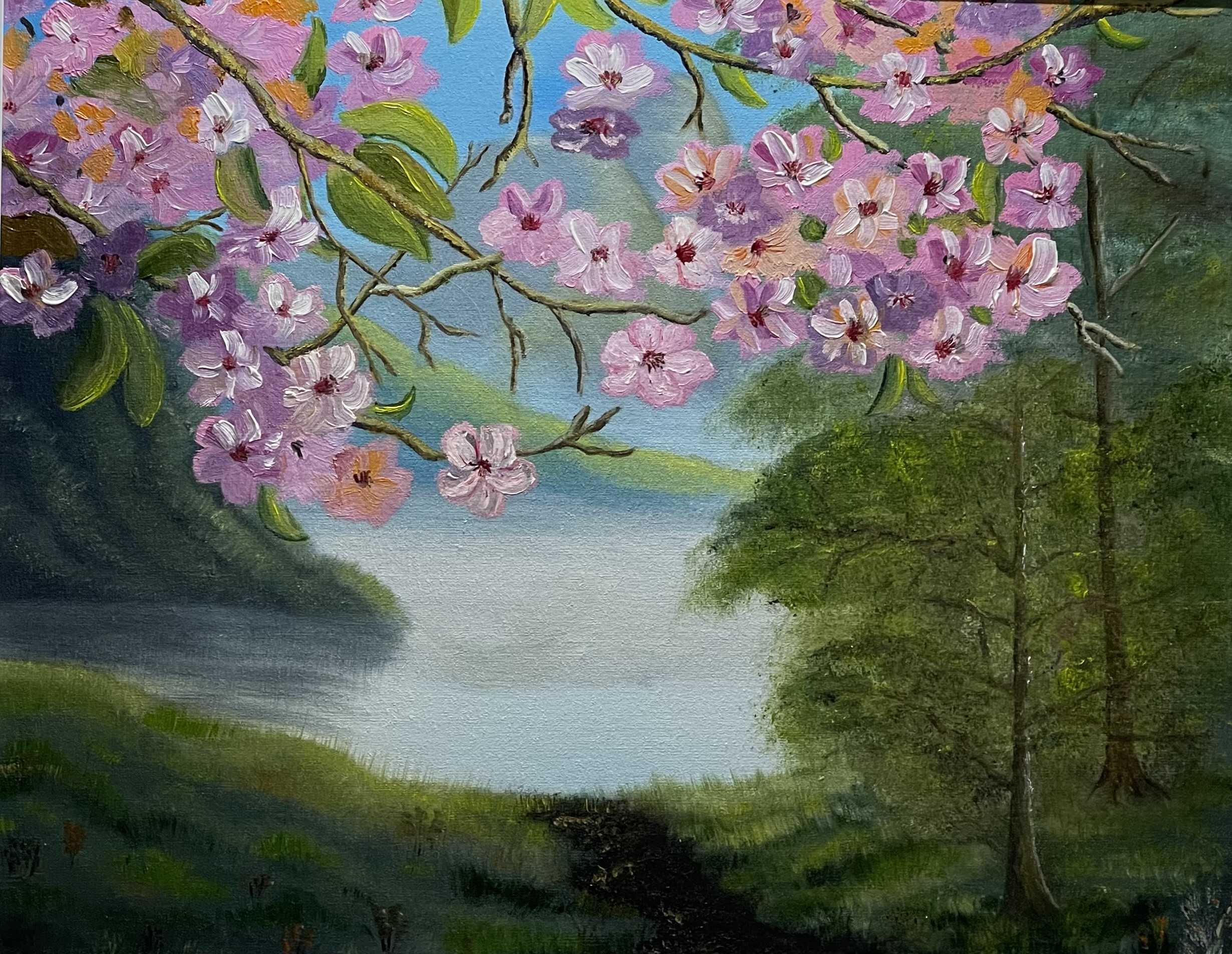 Sold blossom landscape painting by Natasha Karapetian titled Blossom Over Still Water