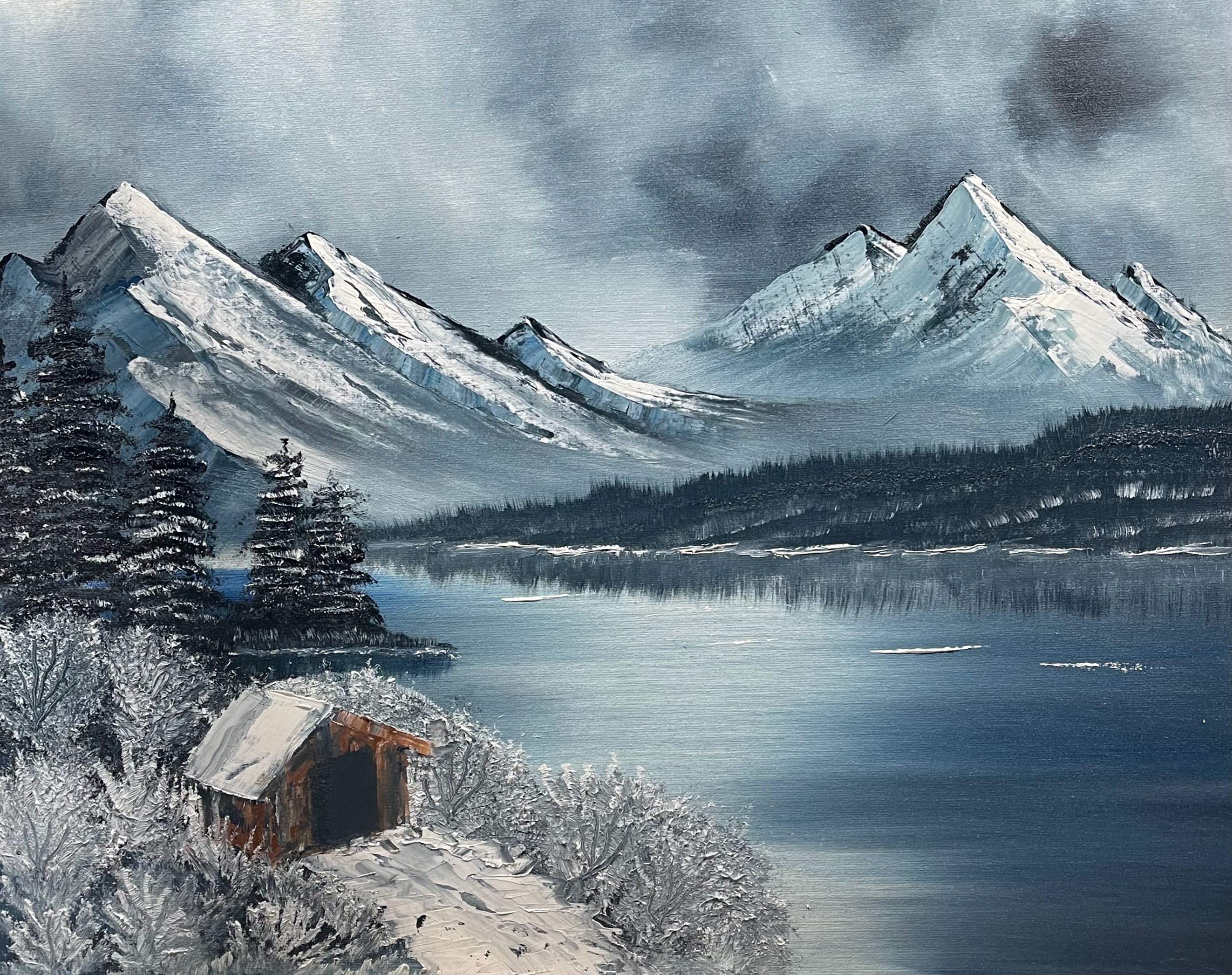 Sold winter mountain lake painting by Natasha Karapetian titled Winter Lake Shelter