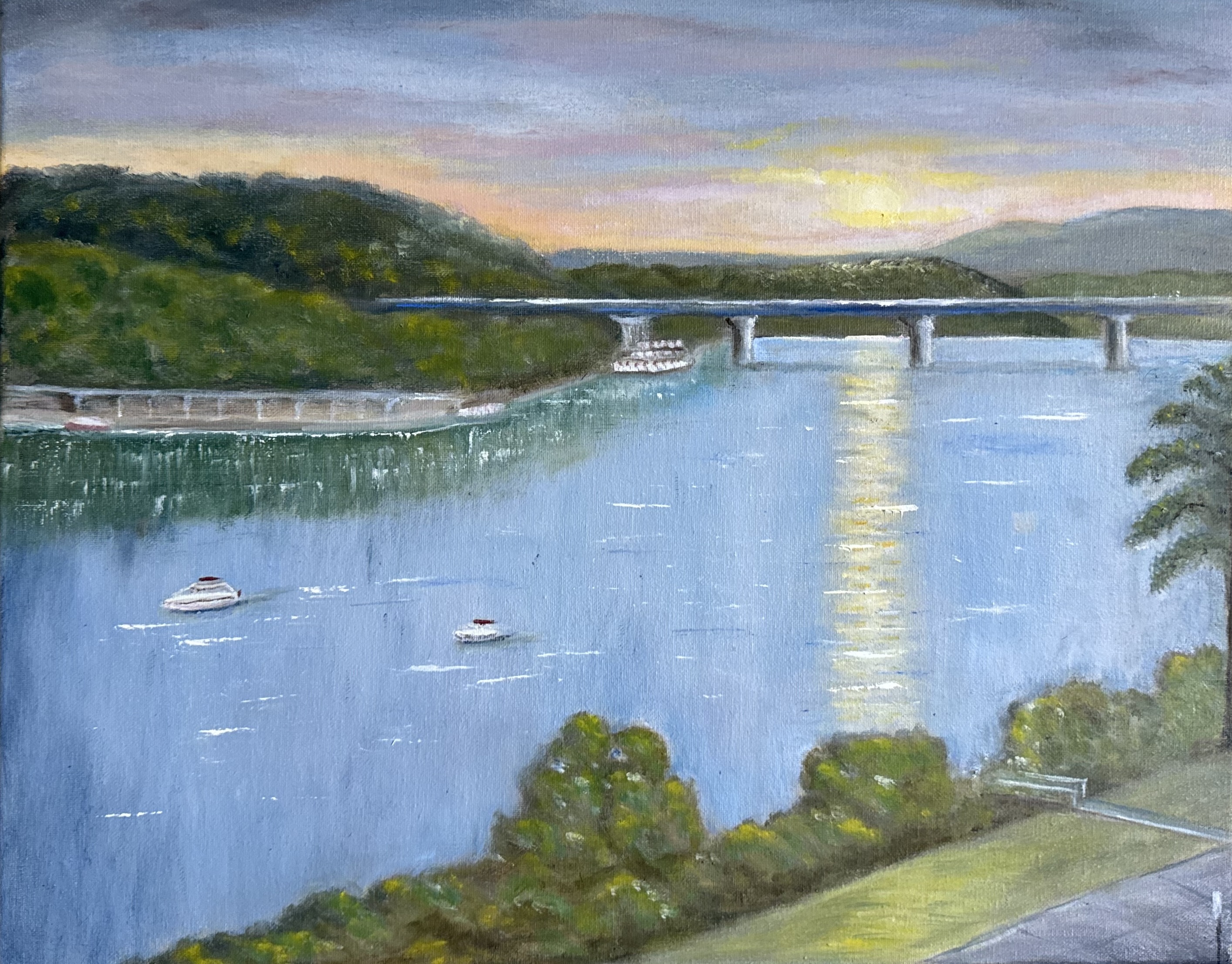 River landscape oil painting by Natasha Karapetian titled Evening on the Blue Water