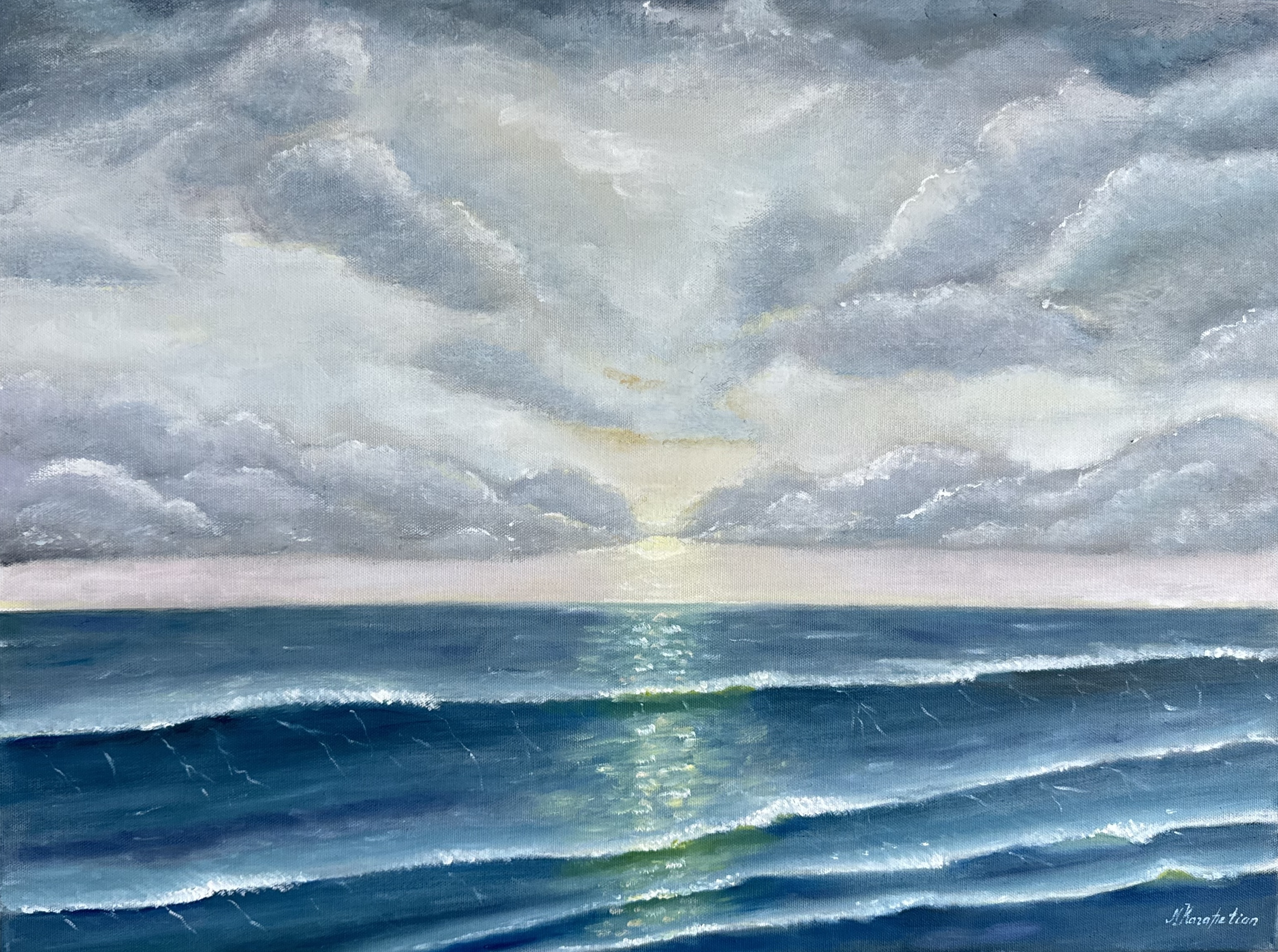 Ocean oil painting by Natasha Karapetian titled Light Beyond the Tide