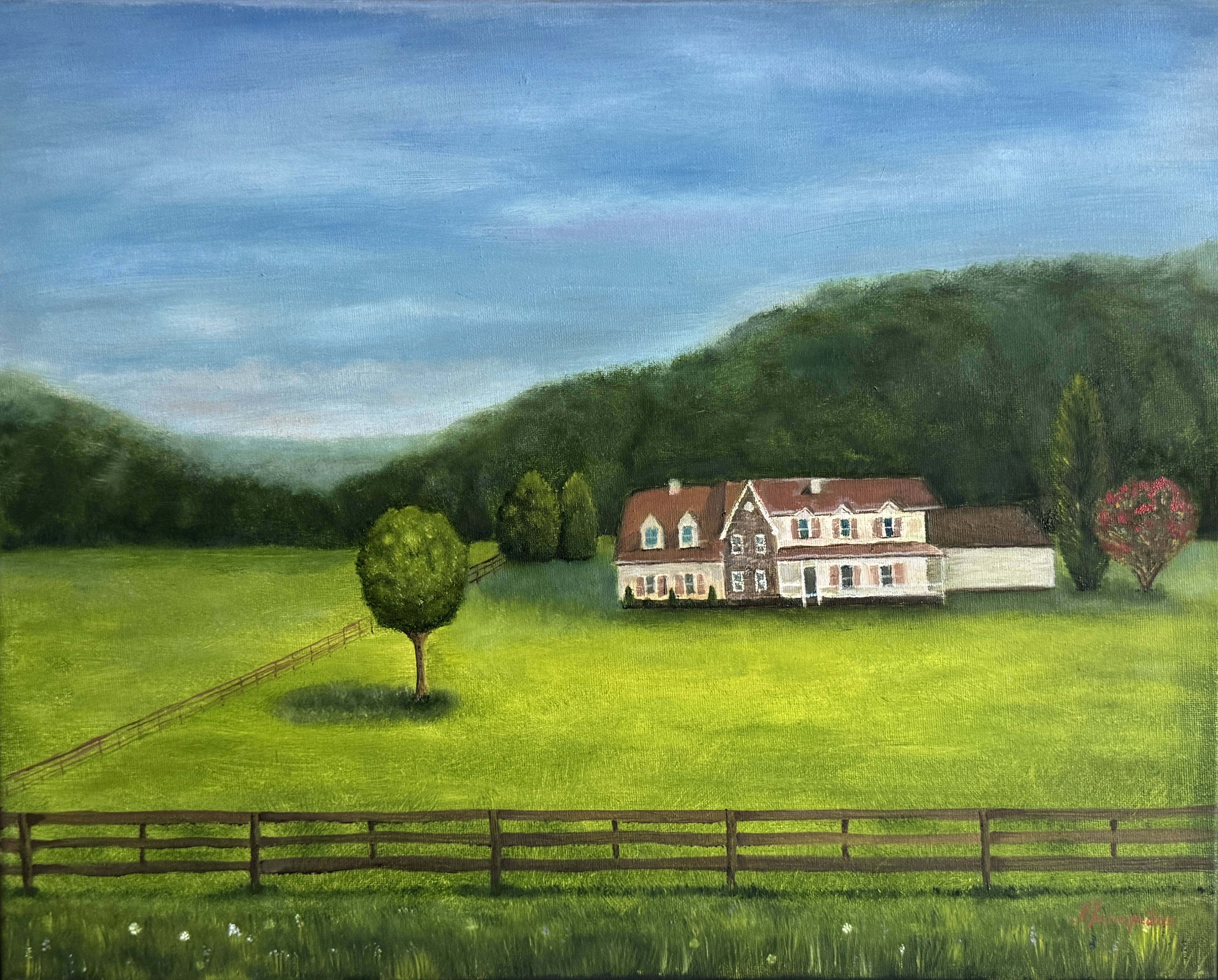 Landscape oil painting by Natasha Karapetian titled Meadow House