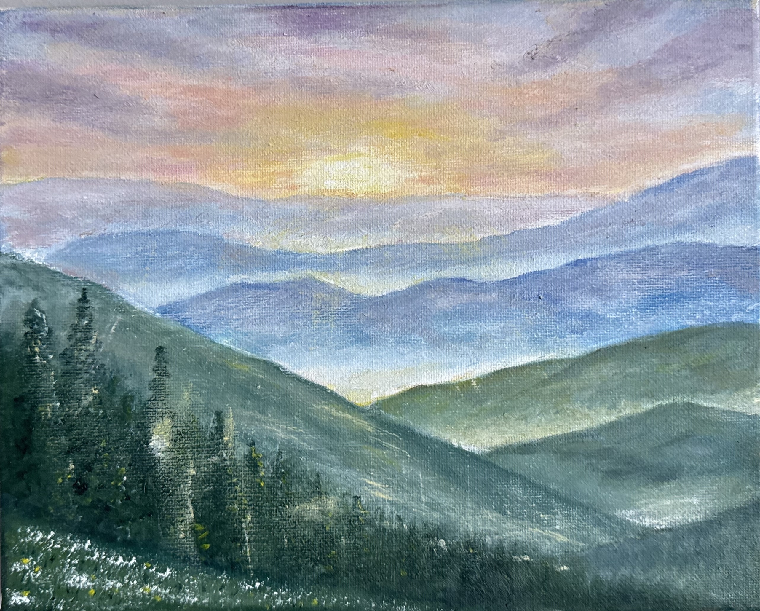 Mountain landscape oil painting by Natasha Karapetian titled Mountain Lullaby