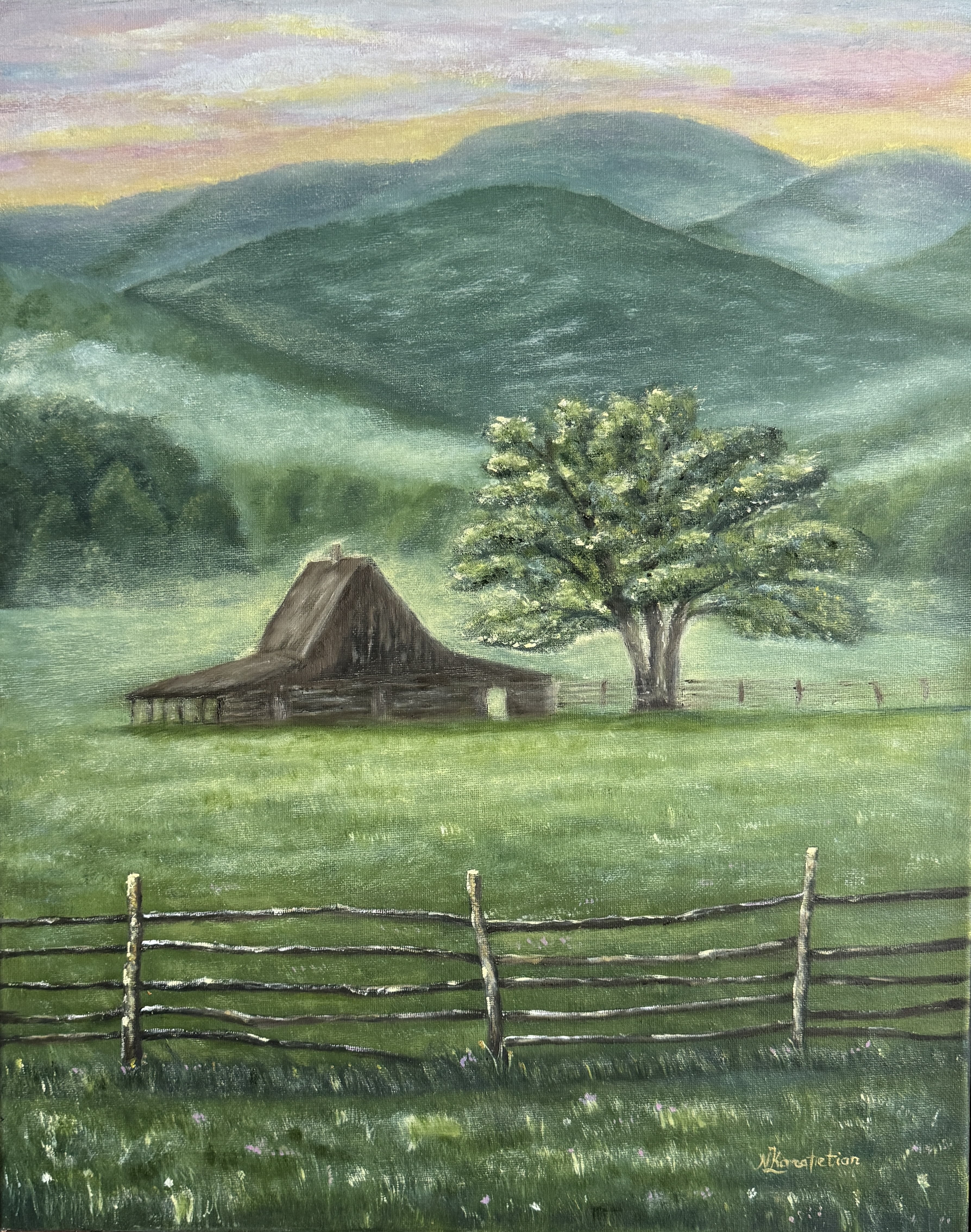 Pastoral landscape oil painting by Natasha Karapetian titled Quiet Pasture